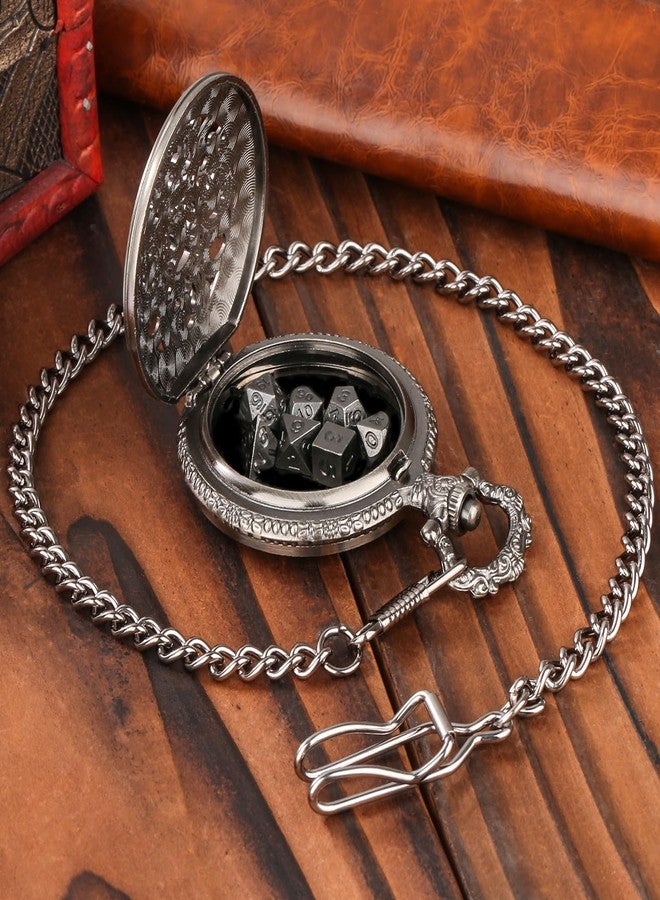 Keller & Weber Mini DND Dice Set with Steampunk Hollow Gear Pocket Watch Case, Tiny 7-Piece Polyhedral Metal D&D Dice, DND Gifts with Gift Box, Role Playing Game Board Game Accessories Dice, Dark Silver - Image 4