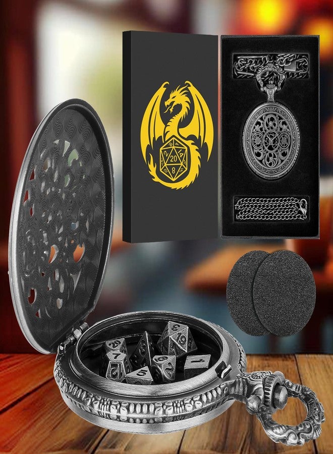 Keller & Weber Mini DND Dice Set with Steampunk Hollow Gear Pocket Watch Case, Tiny 7-Piece Polyhedral Metal D&D Dice, DND Gifts with Gift Box, Role Playing Game Board Game Accessories Dice, Dark Silver - Image 2