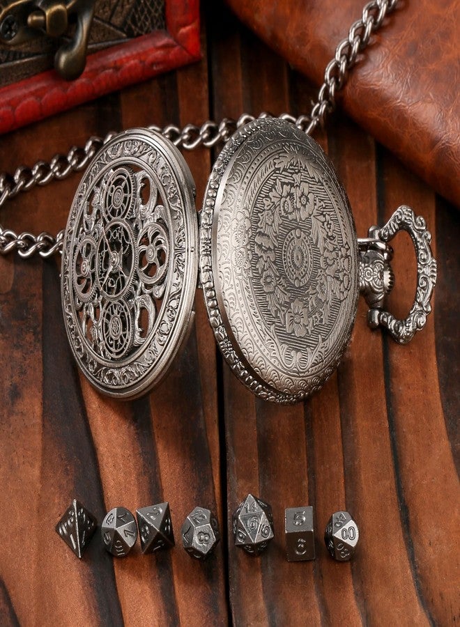 Keller & Weber Mini DND Dice Set with Steampunk Hollow Gear Pocket Watch Case, Tiny 7-Piece Polyhedral Metal D&D Dice, DND Gifts with Gift Box, Role Playing Game Board Game Accessories Dice, Dark Silver - Image 5