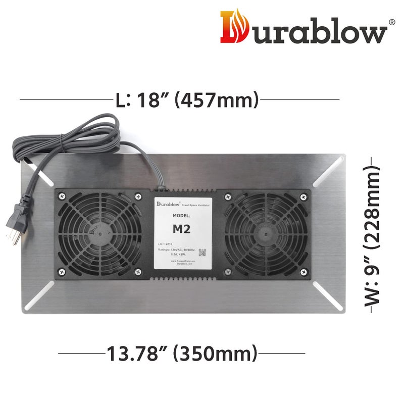 Durablow 220 CFM Air-Out Stainless Steel Crawl Space Vent Fan, Dual Fans, Foundation Vent, Radon Mitigation, for Crawl Space, Basement, with Freeze Protection Thermostat (Stainless steel, M2) - Image 2