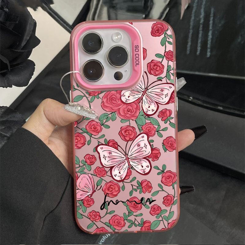 جراب هاتف Apple iPhone 14 Pro، مصنوع من مادة TPU المقاومة للصدمات، جراب هاتف مضاد للسقوط مرسوم عليه وردة وفراشة بشكل إبداعي (وردي).