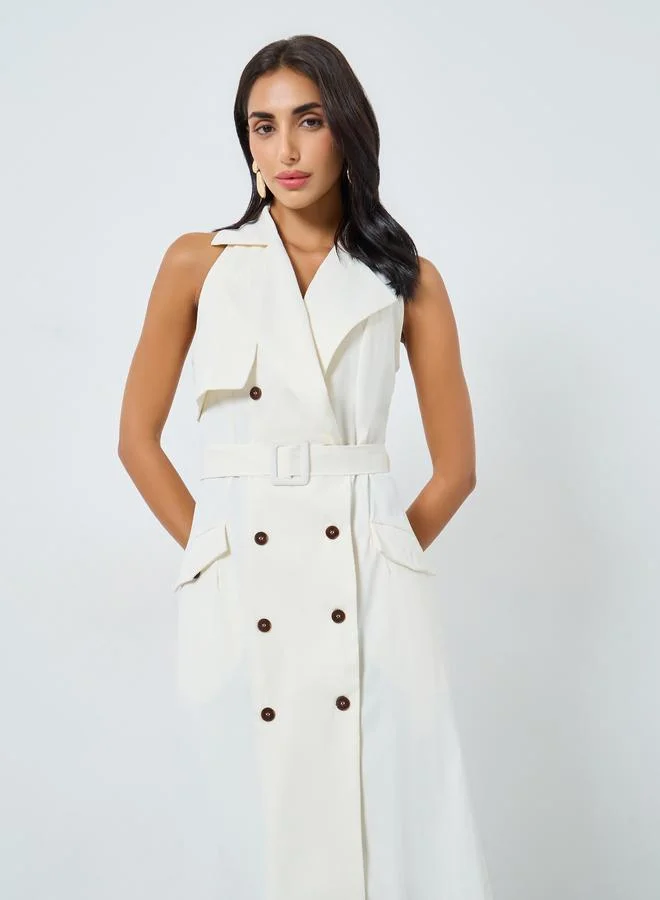 Styli Styli Cream Sleeveless Belted Blazer Midi Dress