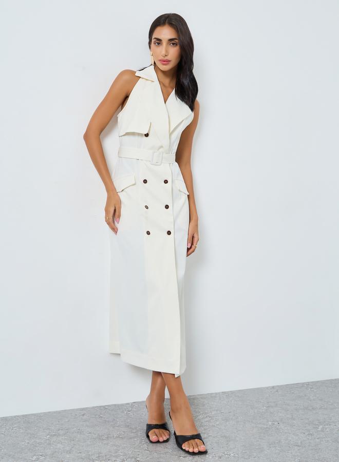 Styli Cream Sleeveless Belted Blazer Midi Dress - Image 1