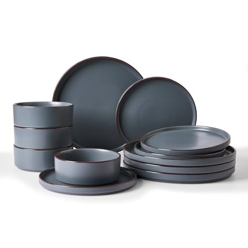 Famiware Nebula Ridge Stoneware Dinnerware Sets Plates and Bowls Sets for 4 12 Pieces Dishes Set Microwave and Dishwasher Safe Kitchen Plates Charcoal - Image 1