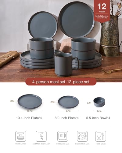 Famiware Nebula Ridge Stoneware Dinnerware Sets Plates and Bowls Sets for 4 12 Pieces Dishes Set Microwave and Dishwasher Safe Kitchen Plates Charcoal - Image 3