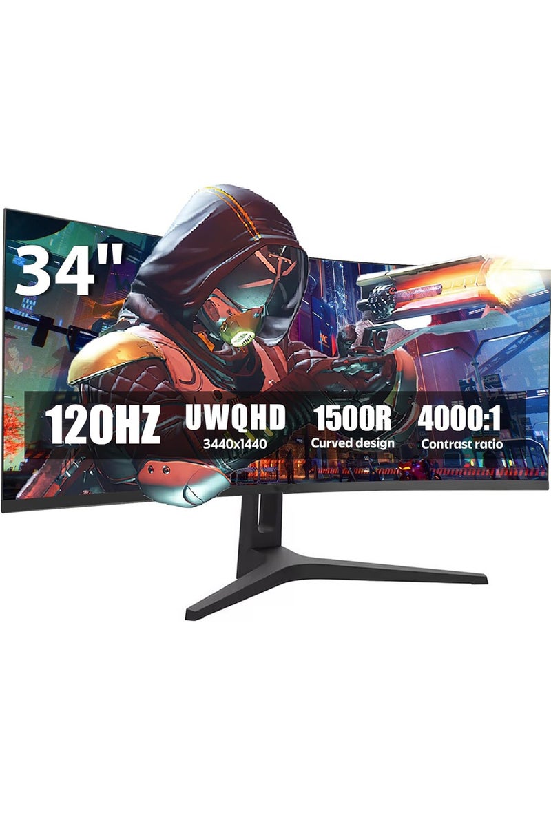 HILUKE 34-inch Ultra-Wide PC Monitor, 4K WQHD (3440×1440P), 120Hz Refresh Rate, 1ms Response Time, HVA Panel, Adjustable Tilt, Wall Mountable - Black - Image 1