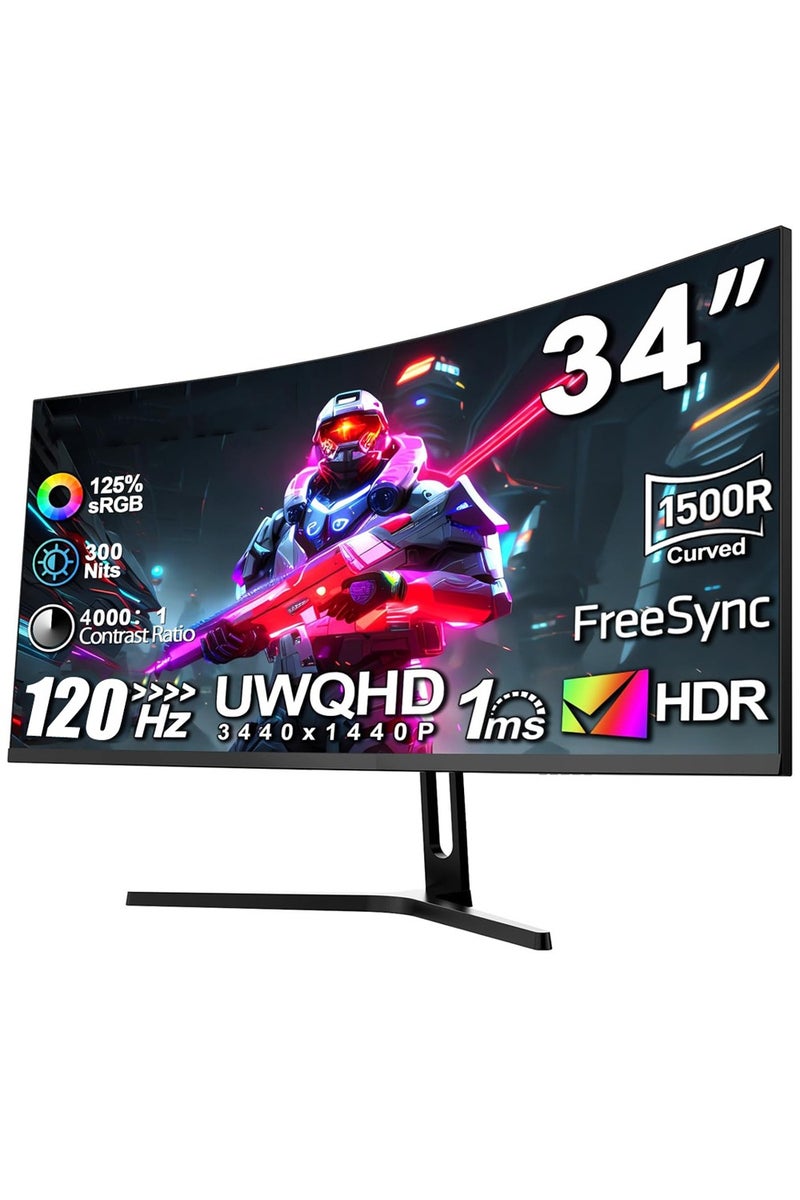 HILUKE 34-inch Ultra-Wide PC Monitor, 4K WQHD (3440×1440P), 120Hz Refresh Rate, 1ms Response Time, HVA Panel, Adjustable Tilt, Wall Mountable - Black - Image 2