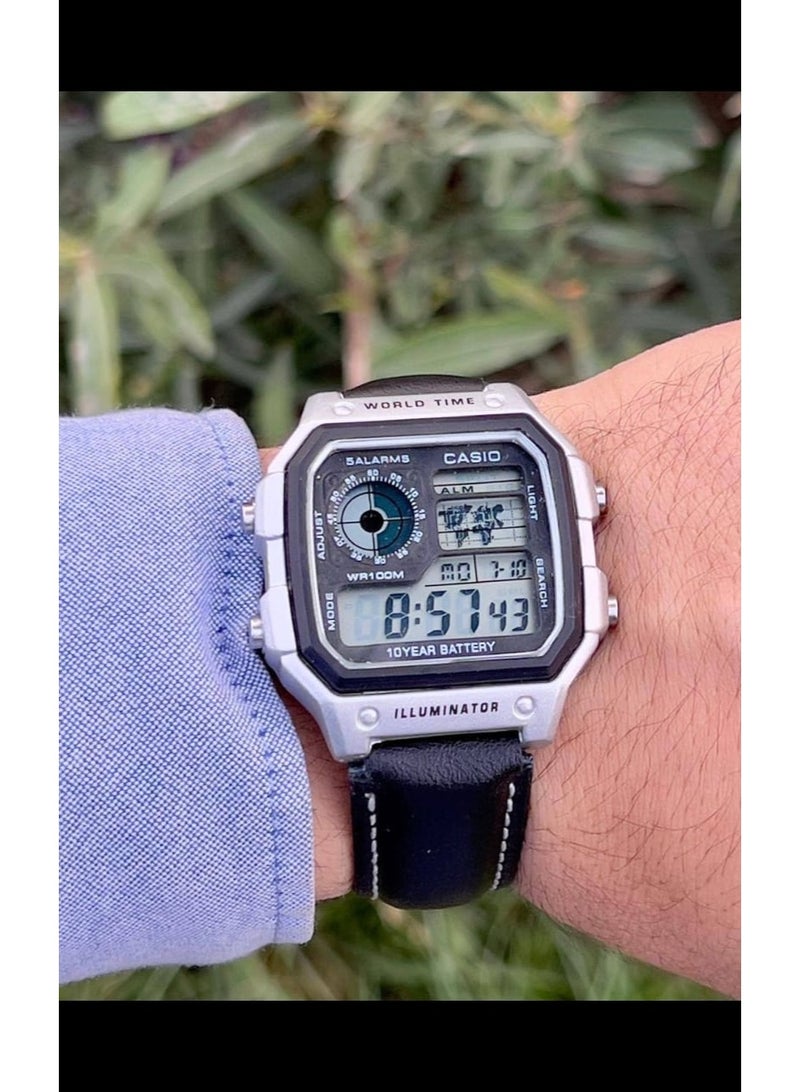 Digital  watch for men Leather with calendar