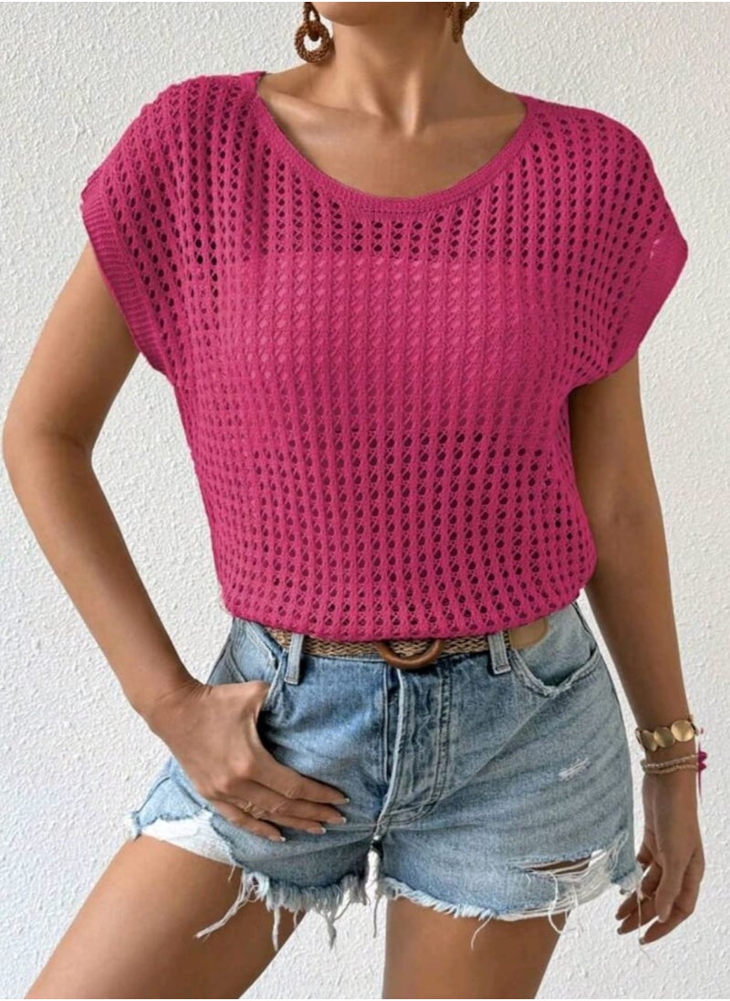 SHEIN LUNE Women's Solid Color Simple Daily Short Sleeve Knit Top