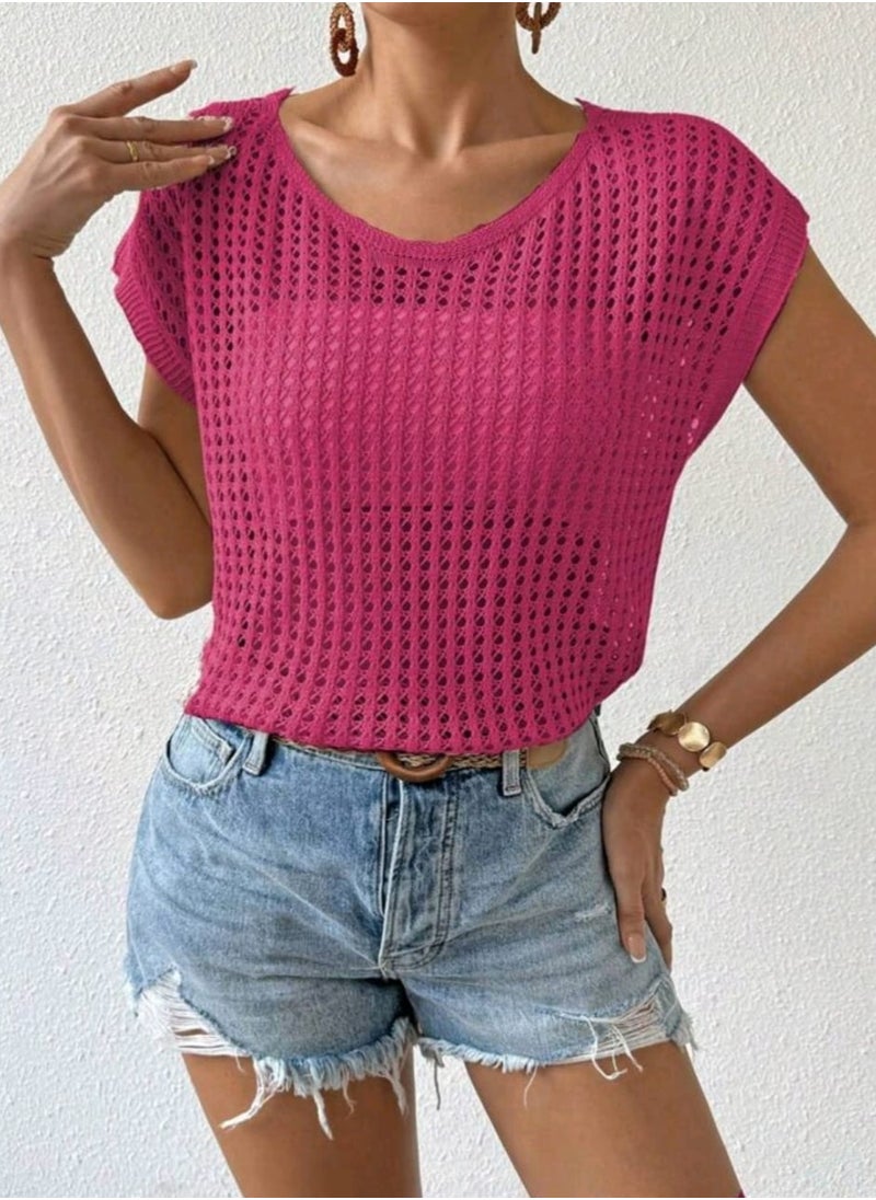 SHEIN LUNE Women's Solid Color Simple Daily Short Sleeve Knit Top
