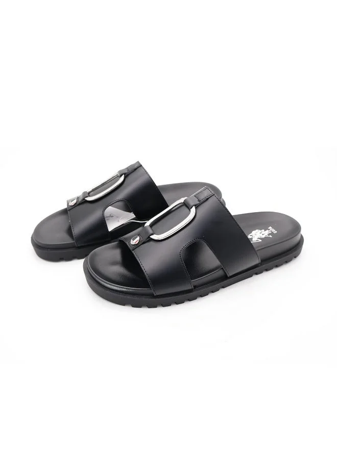 U.S. Polo Assn. BLACK US Polo Men’s Black Slide Sandals – Elegant Slip‑On Sandals with Metal Accent, Comfortable Casual Slides for Men | Best Price UAE