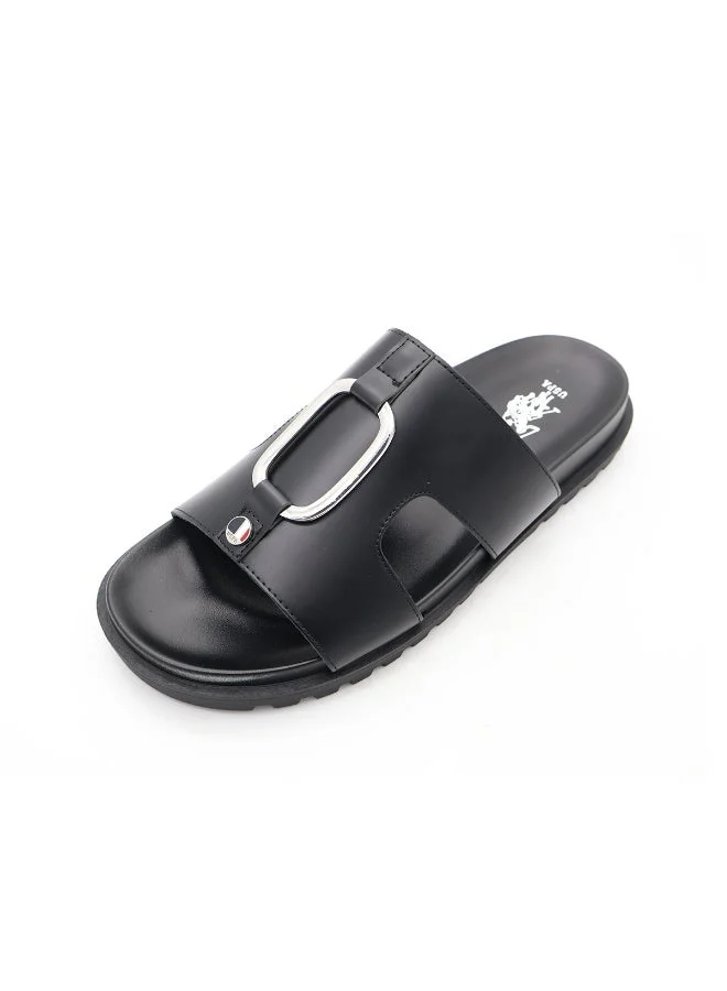 U.S. Polo Assn. BLACK US Polo Men’s Black Slide Sandals – Elegant Slip‑On Sandals with Metal Accent, Comfortable Casual Slides for Men | Best Price UAE
