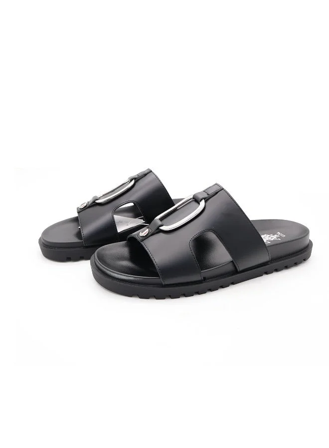 يو اس بولو اسن US Polo Men’s Black Slide Sandals – Elegant Slip‑On Sandals with Metal Accent, Comfortable Casual Slides