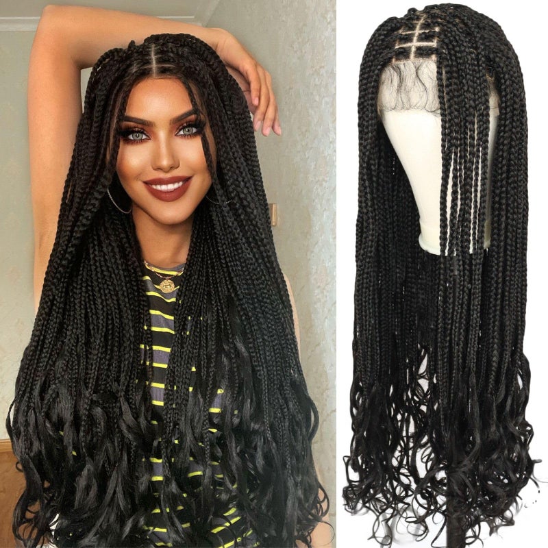 Ebingoo 34In Braided Wig for Black Women Lace Front Curly Ends  Wig Cap Knotless Box Braided Lace Front Wig with Baby Hair Cornrow Twist Braids Wig Synthetic Wig for Women Girls Daily Wear