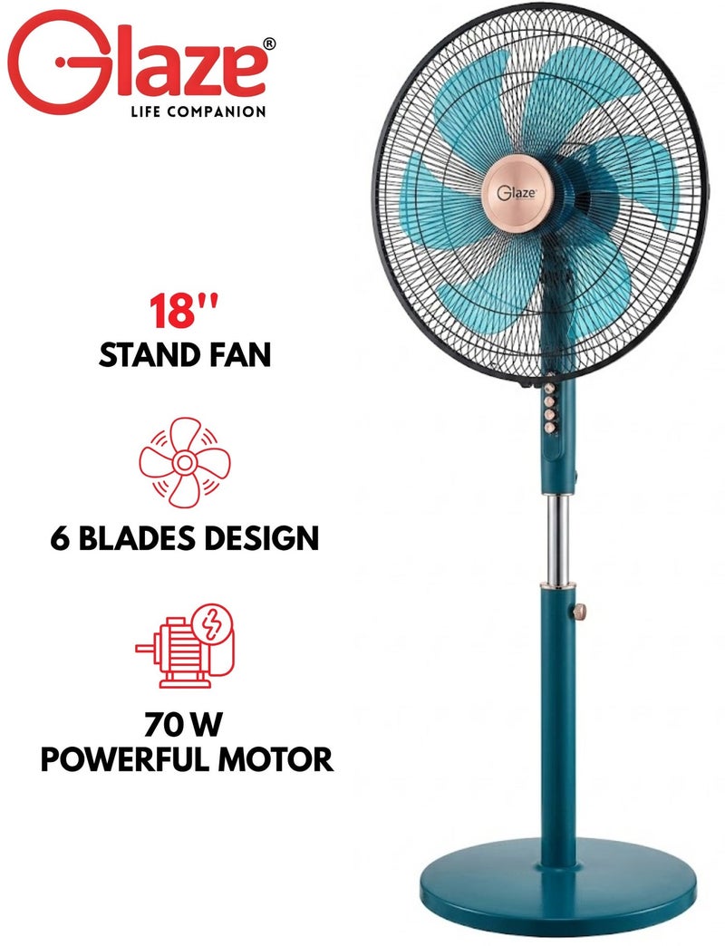 Glaze 18-Inch Oscillating Pedestal Stand Fan - 6 Blade Design, 70W Powerful Quiet Motor, 4 Speed Modes, Adjustable Height – Green - Image 1