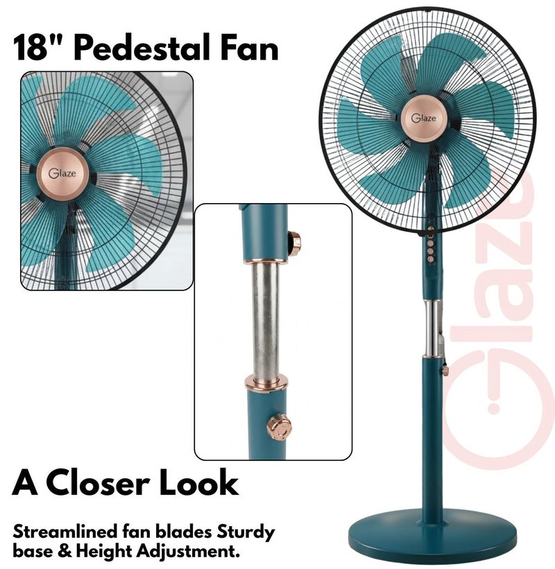 Glaze 18-Inch Oscillating Pedestal Stand Fan - 6 Blade Design, 70W Powerful Quiet Motor, 4 Speed Modes, Adjustable Height – Green - Image 2