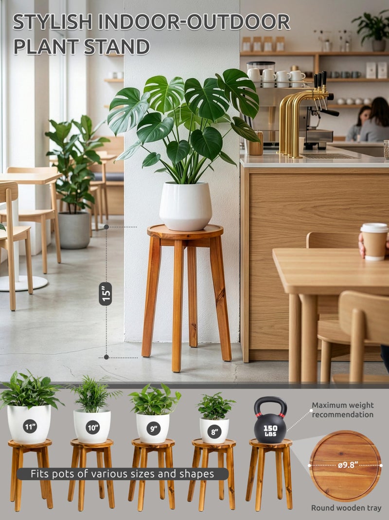 Demigo 15-Inch Tall Plant Stand for Indoor & Outdoor Use, Acacia Wooden Decorative Plant Shelf with Spill-Proof Tray, Flower Holder for Heavy Pots, Gardening Display - Natural Brown - Image 2