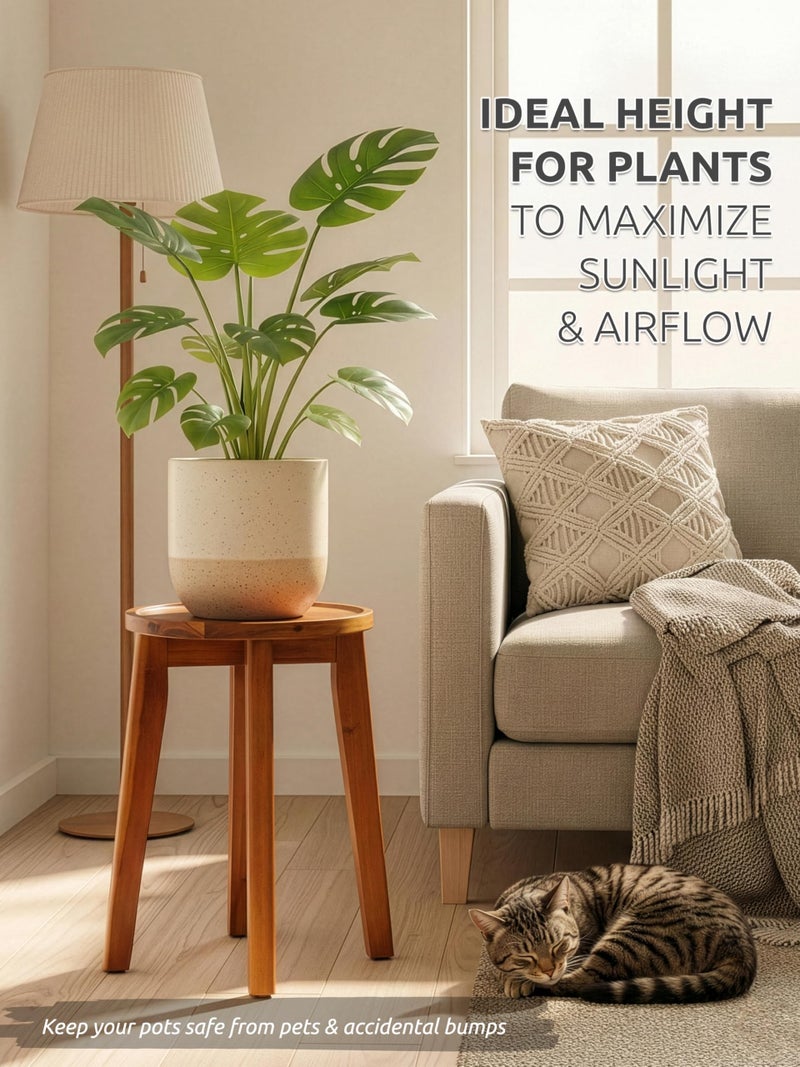 Demigo 15-Inch Tall Plant Stand for Indoor & Outdoor Use, Acacia Wooden Decorative Plant Shelf with Spill-Proof Tray, Flower Holder for Heavy Pots, Gardening Display - Natural Brown - Image 5
