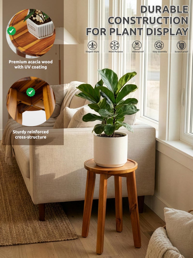 Demigo 15-Inch Tall Plant Stand for Indoor & Outdoor Use, Acacia Wooden Decorative Plant Shelf with Spill-Proof Tray, Flower Holder for Heavy Pots, Gardening Display - Natural Brown - Image 3