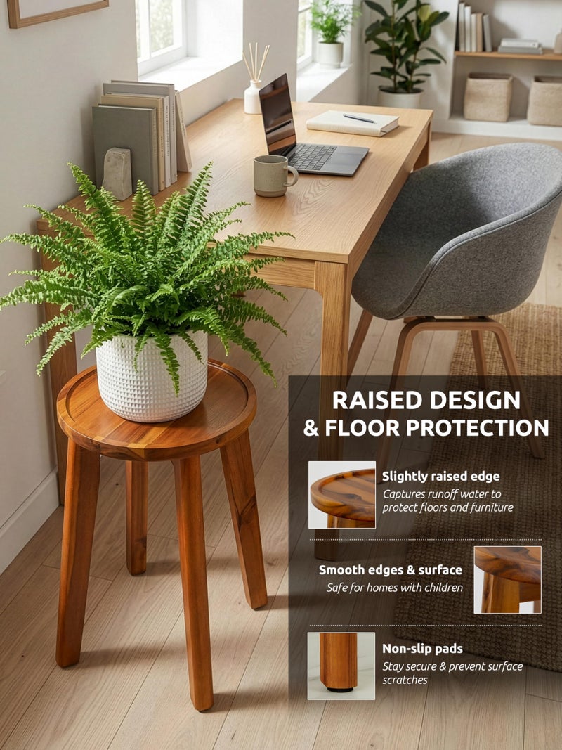 Demigo 15-Inch Tall Plant Stand for Indoor & Outdoor Use, Acacia Wooden Decorative Plant Shelf with Spill-Proof Tray, Flower Holder for Heavy Pots, Gardening Display - Natural Brown - Image 4