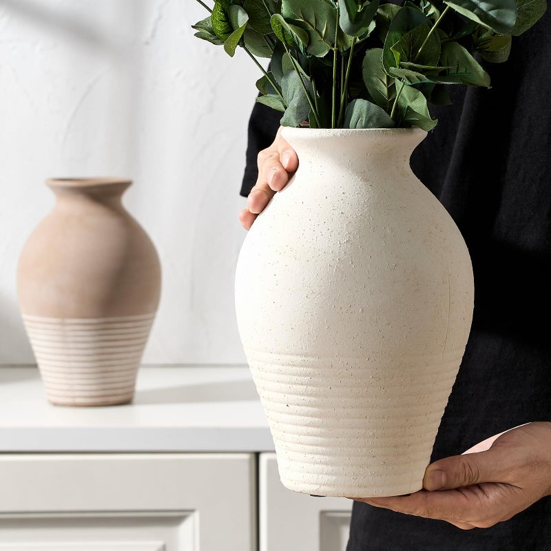 LUKA Ceramic Rustic Farmhouse Vase, 9.2 inch Whitewashed Terracotta Vase, Pottery Decorative Vases,Clay Decorative Vases for Home Decor, Table, Living Room, Shelf, Mantel Decoration(Off-White) - Image 3