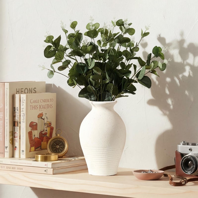 LUKA Ceramic Rustic Farmhouse Vase, 9.2 inch Whitewashed Terracotta Vase, Pottery Decorative Vases,Clay Decorative Vases for Home Decor, Table, Living Room, Shelf, Mantel Decoration(Off-White) - Image 5
