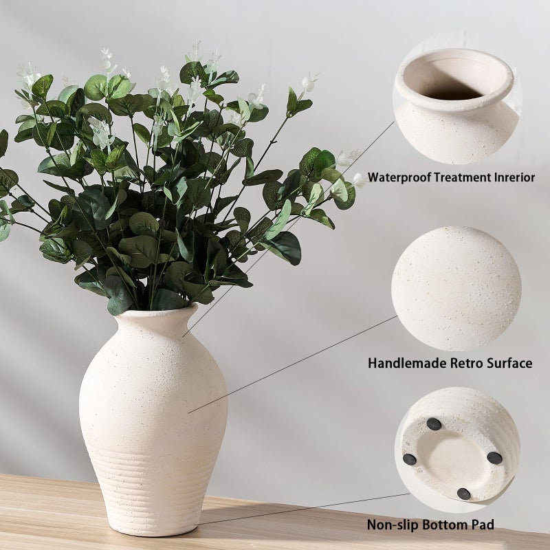 LUKA Ceramic Rustic Farmhouse Vase, 9.2 inch Whitewashed Terracotta Vase, Pottery Decorative Vases,Clay Decorative Vases for Home Decor, Table, Living Room, Shelf, Mantel Decoration(Off-White) - Image 4