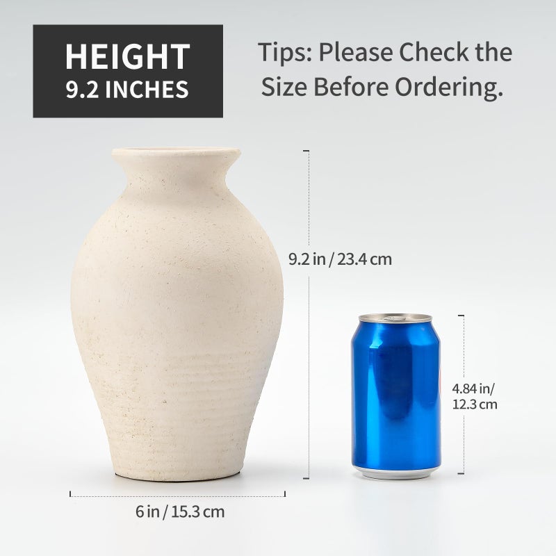 LUKA Ceramic Rustic Farmhouse Vase, 9.2 inch Whitewashed Terracotta Vase, Pottery Decorative Vases,Clay Decorative Vases for Home Decor, Table, Living Room, Shelf, Mantel Decoration(Off-White) - Image 2
