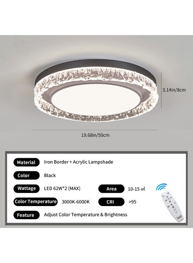 Modern LED Ceiling Light – 20-Inch Black Fixture with Crystal-Effect Water-Ripple Acrylic Shade; Features Adjustable Color Temperature & Brightness, Night Light Mode, and Flicker-Free Technology; Suitable for Living Rooms, Bedrooms, Kitchens, and Hallways. - Image 3