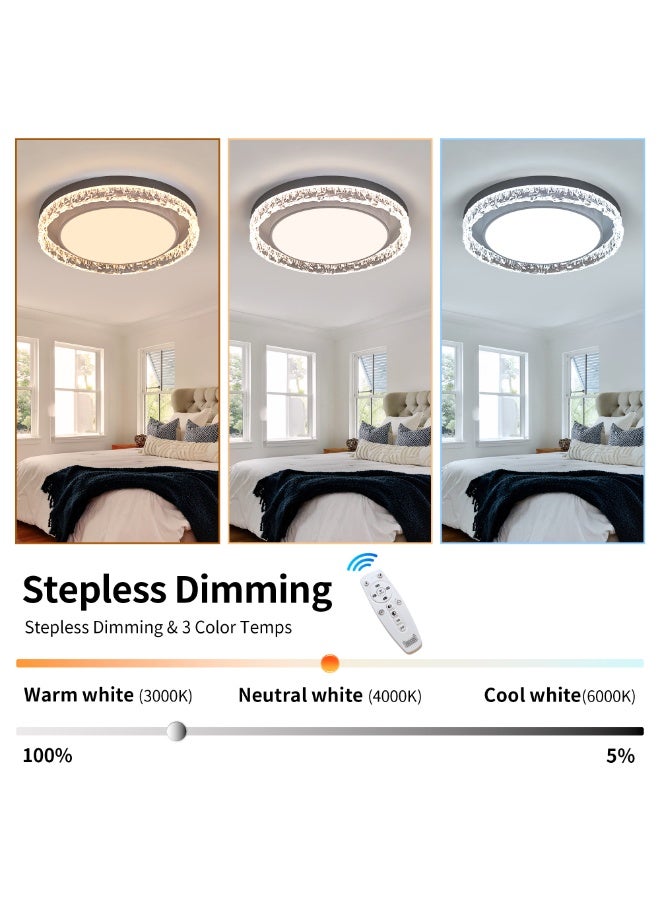 Modern LED Ceiling Light – 20-Inch Black Fixture with Crystal-Effect Water-Ripple Acrylic Shade; Features Adjustable Color Temperature & Brightness, Night Light Mode, and Flicker-Free Technology; Suitable for Living Rooms, Bedrooms, Kitchens, and Hallways. - Image 4