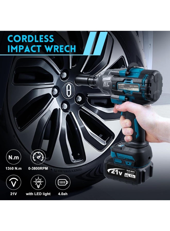 ZLH HITY 1360N.m Cordless Impact Wrench, 1000Ft-lbs Brushless 1/2 inch Impact Wrench with 3 Variable Speeds, 3800RPM High Torque Impact Gun with 2X 4.0Ah Battery, 5Pcs Impact Sockets and Fast Charger - Image 2