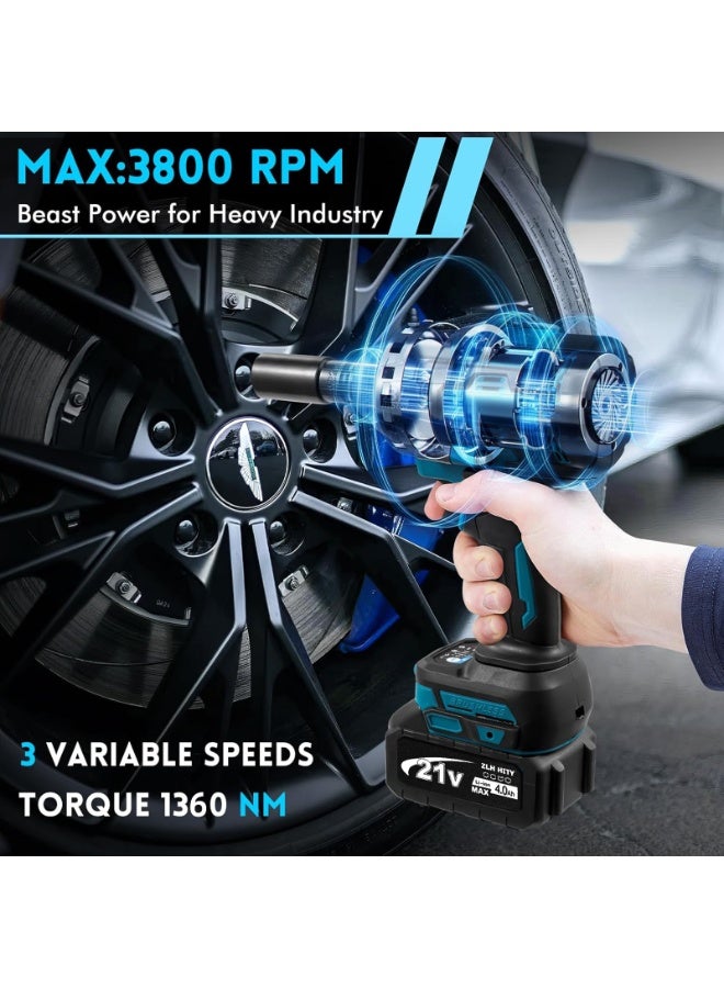 ZLH HITY 1360N.m Cordless Impact Wrench, 1000Ft-lbs Brushless 1/2 inch Impact Wrench with 3 Variable Speeds, 3800RPM High Torque Impact Gun with 2X 4.0Ah Battery, 5Pcs Impact Sockets and Fast Charger - Image 4