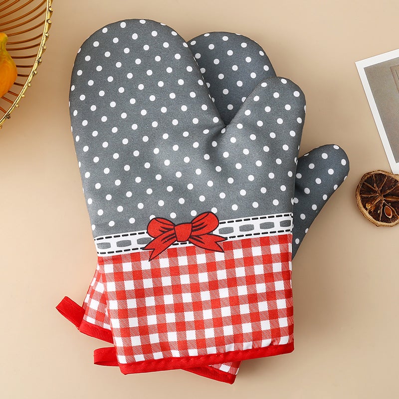 Pastoral Style Thickened Heat Insulation Gloves Oven Baking Polyester Cotton Wear-resistant Microwave Gloves Kitchen Anti-scalding Gloves in Stock Bow Bow