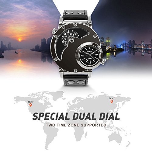 MJSCPHBJK Men's Unique Analog Watch, Waterproof Fashion Dress Quartz Wrist Watch with Dual Dial Cool Design Leather Band Dual Time Watches - Image 2