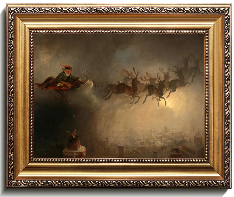 uniro Vintage Gold Framed Wall Art, Vintage Christmas Santa Claus Canvas Art Prints Painting, Antique Sleigh Reindeers Winter Xmas Poster, Rustic Christmas Wall Decor for Bedroom, Living Room, Gallery, Winter Room Decor, Holiday Decoration Gifts - 9x12Inch - Image 1