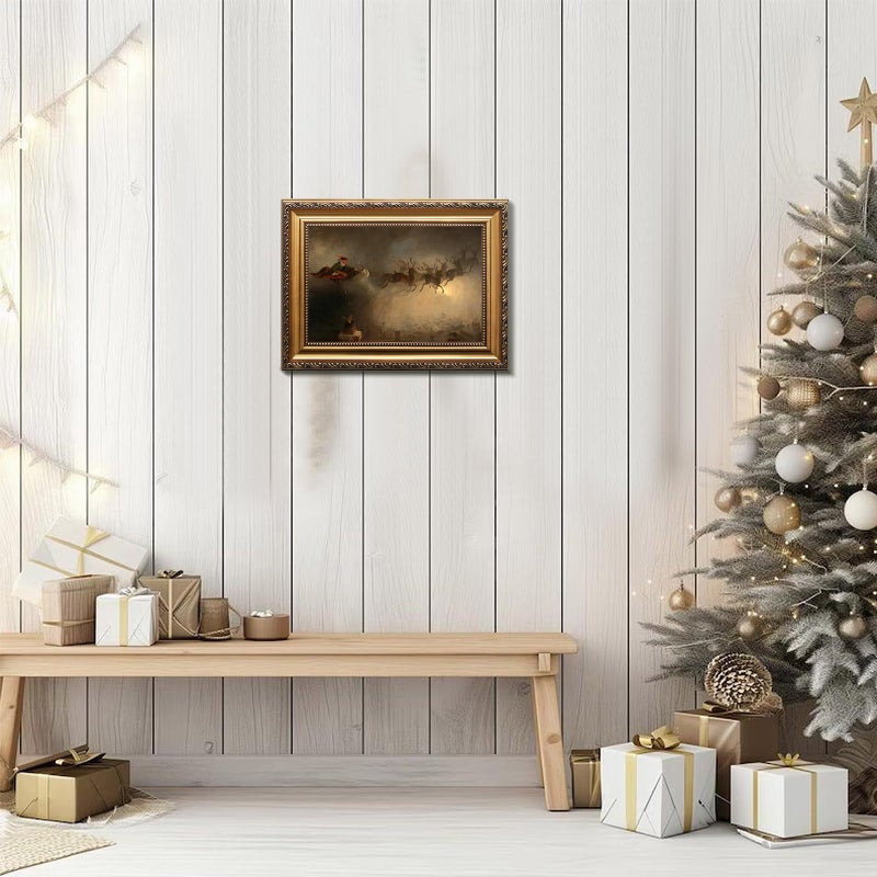 uniro Vintage Gold Framed Wall Art, Vintage Christmas Santa Claus Canvas Art Prints Painting, Antique Sleigh Reindeers Winter Xmas Poster, Rustic Christmas Wall Decor for Bedroom, Living Room, Gallery, Winter Room Decor, Holiday Decoration Gifts - 9x12Inch - Image 5