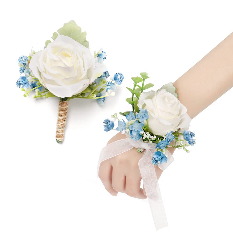 YSUCAU White  Blue Rose Corsage and Men Boutonniere Set for Wedding Ivory Corsages Wristlet Band Bracelet for Wedding Flowers Accessories Prom Homecoming Suit Decorations