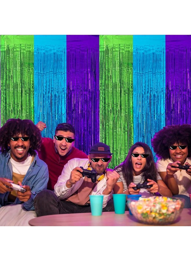 partyzoa 2 Pack Video Game Foil Fringe Curtains Backdrop Birthday Party Decorations, 3.28 x 6.56 Ft Purple Blue Green Foil Tinsel Streamers Photo Booth Props for Boy Gaming Birthday Party Decor Supplies Favors - Image 2