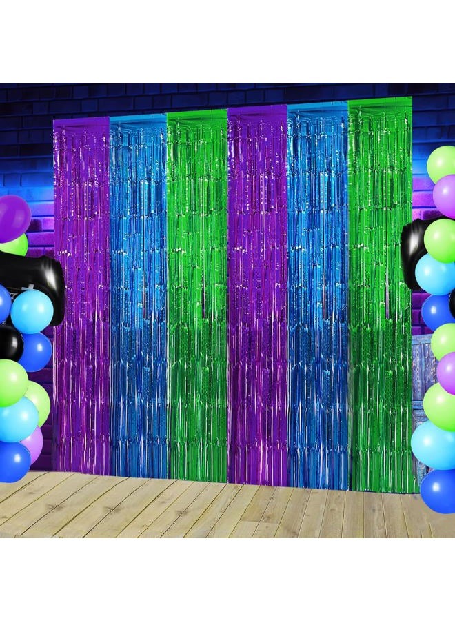 partyzoa 2 Pack Video Game Foil Fringe Curtains Backdrop Birthday Party Decorations, 3.28 x 6.56 Ft Purple Blue Green Foil Tinsel Streamers Photo Booth Props for Boy Gaming Birthday Party Decor Supplies Favors - Image 1