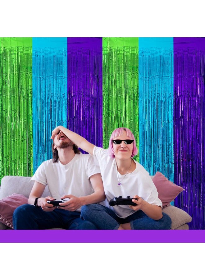 partyzoa 2 Pack Video Game Foil Fringe Curtains Backdrop Birthday Party Decorations, 3.28 x 6.56 Ft Purple Blue Green Foil Tinsel Streamers Photo Booth Props for Boy Gaming Birthday Party Decor Supplies Favors - Image 5