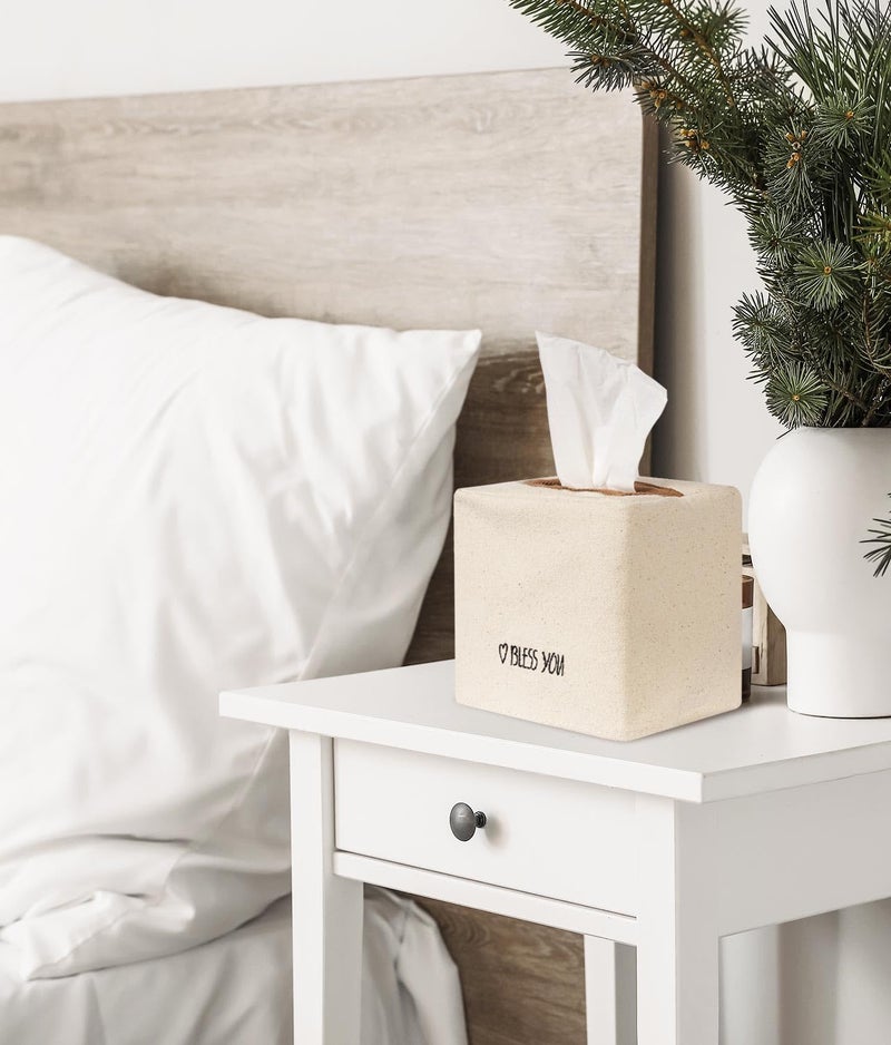 Livelab Tissue Box Cover Square, Chic Canvas Tissue Box Holder with Embroidery Text Decor, Stylish Tissue Case Facial Paper Cube Cover for Your Home, Officce and Bathroom | Ivory - Image 4