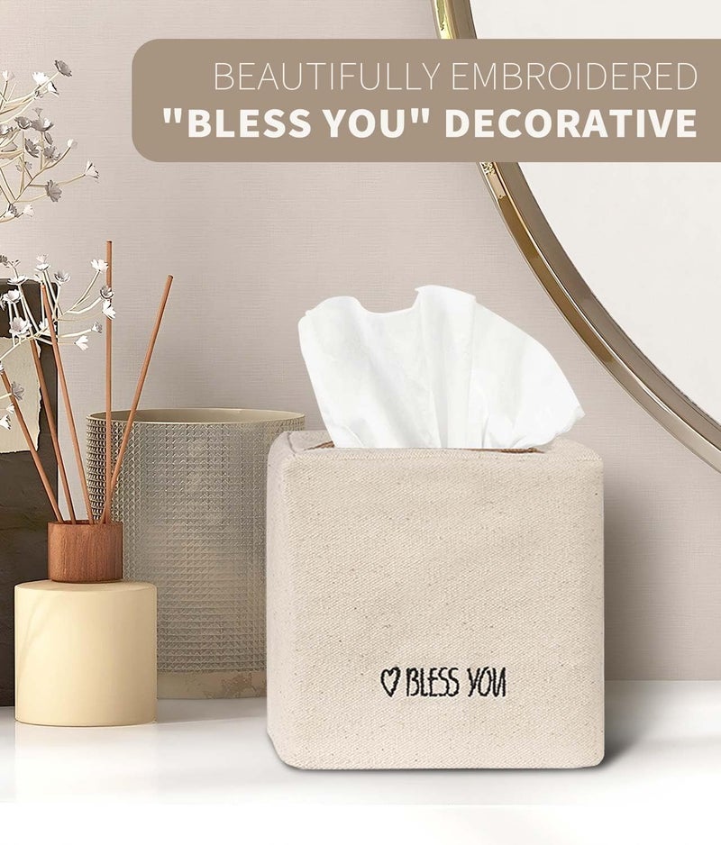 Livelab Tissue Box Cover Square, Chic Canvas Tissue Box Holder with Embroidery Text Decor, Stylish Tissue Case Facial Paper Cube Cover for Your Home, Officce and Bathroom | Ivory - Image 3