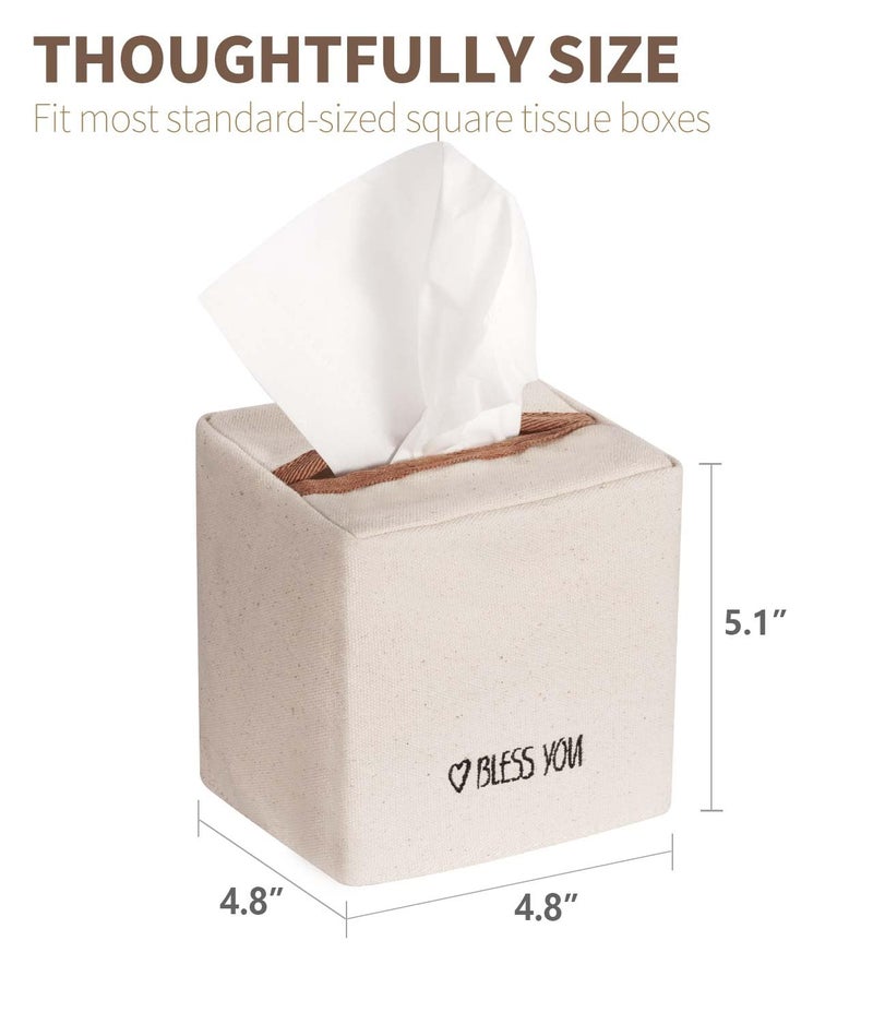 Livelab Tissue Box Cover Square, Chic Canvas Tissue Box Holder with Embroidery Text Decor, Stylish Tissue Case Facial Paper Cube Cover for Your Home, Officce and Bathroom | Ivory - Image 5