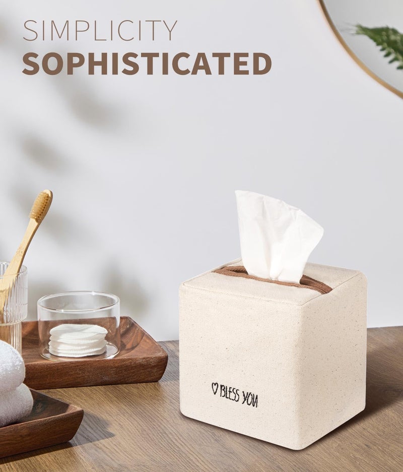 Livelab Tissue Box Cover Square, Chic Canvas Tissue Box Holder with Embroidery Text Decor, Stylish Tissue Case Facial Paper Cube Cover for Your Home, Officce and Bathroom | Ivory - Image 2