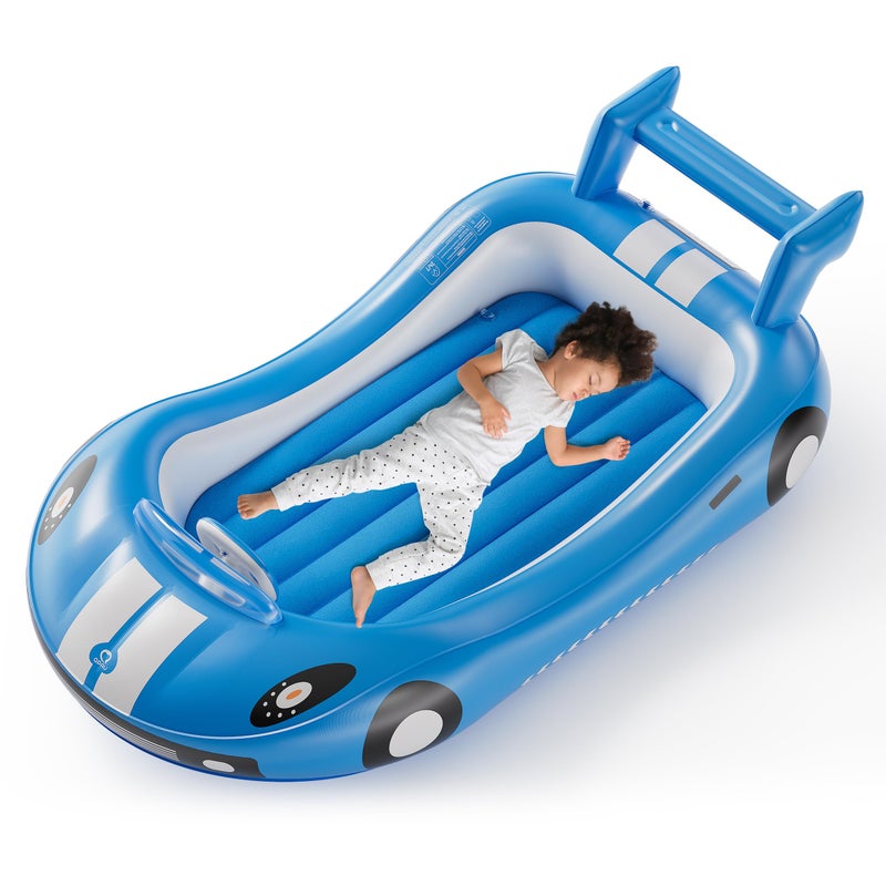 QPAU Blow up Inflatable Toddler Travel Bed with Sides, Toddler Air Mattress for Camping, Traveling, Hotel, or Home Use, Hand Pump Included (Blue) - Image 1