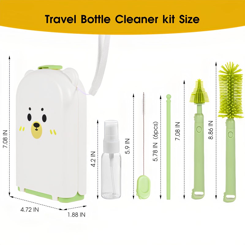 Lijroavy Travel Baby Bottle Cleaner Kitï¼Œ7-in-1 Baby Bottle Brush Set for Travel and Home, All-in-One Baby Bottle Washing Kit: Integrated Cleaning & Drying System for Bottles and Breast Pump Parts (Green) - Image 2