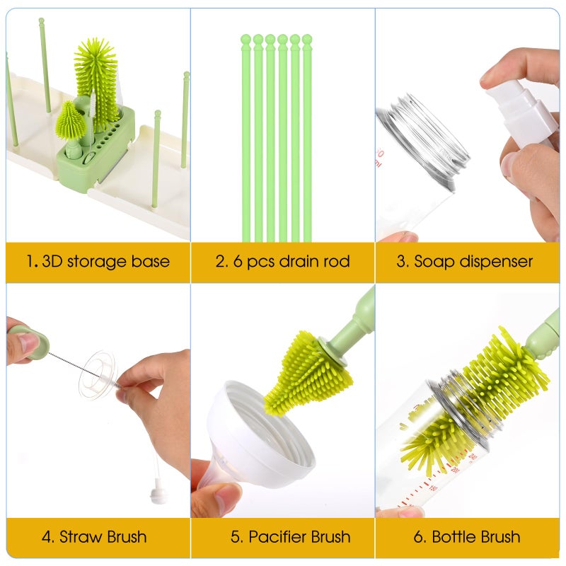 Lijroavy Travel Baby Bottle Cleaner Kitï¼Œ7-in-1 Baby Bottle Brush Set for Travel and Home, All-in-One Baby Bottle Washing Kit: Integrated Cleaning & Drying System for Bottles and Breast Pump Parts (Green) - Image 4