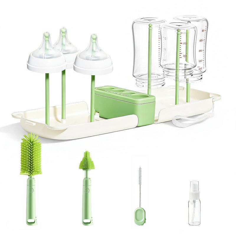 Lijroavy Travel Baby Bottle Cleaner Kitï¼Œ7-in-1 Baby Bottle Brush Set for Travel and Home, All-in-One Baby Bottle Washing Kit: Integrated Cleaning & Drying System for Bottles and Breast Pump Parts (Green) - Image 1