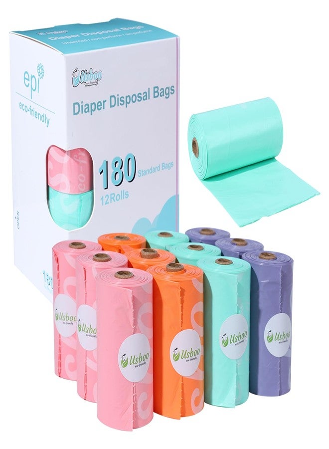 USBOO Diaper Bags Disposable for Baby, 12 Refill Rolls/180 Bags OXO-Biodegradable Waste Bags,Dirty Disposable Diaper Bags,Diaper Trash Bags,Rainbow - Image 1