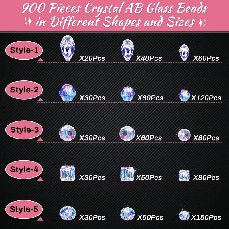 Thrilez 900 Pieces Glass Crystal Beads for Jewelry Making, Assorted Crystal Beads for Bracelets, Jewelry, DIY Crafts or Home Ornaments(Clear Crystal AB Color) - Image 2